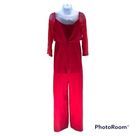 ASOS DESIGN off Shoulder Lace Insert Red Jumpsuit with Split Leg Size 6 - Picture 1 of 16